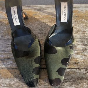 Jimmy Choo Black/Green Calf Print Pony Hair Mules